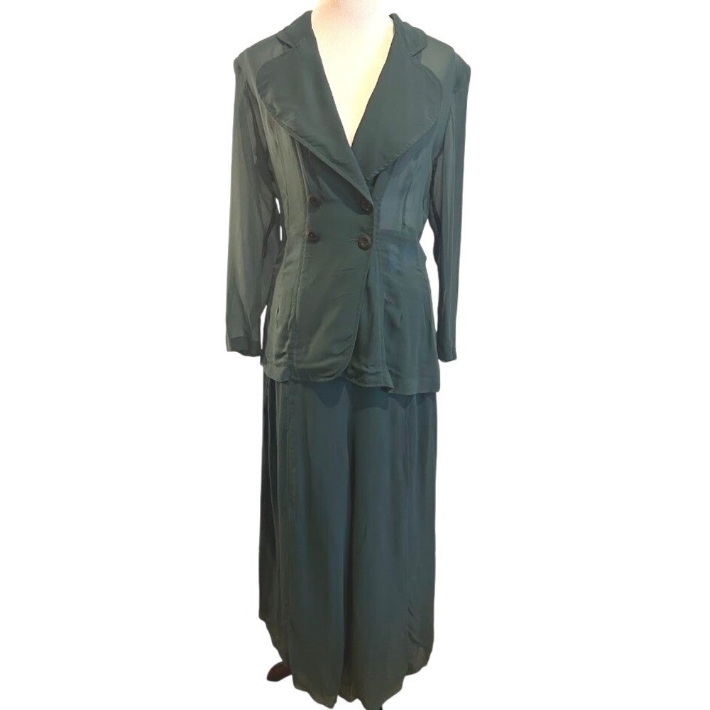 Vintage 90's Anna Sui Green Sheer Blazer and Wide Leg Pant‎ Set Small Boho